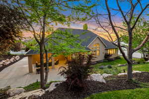Expansive rear exterior featuring a covered patio, broad concrete driveway, and mature trees