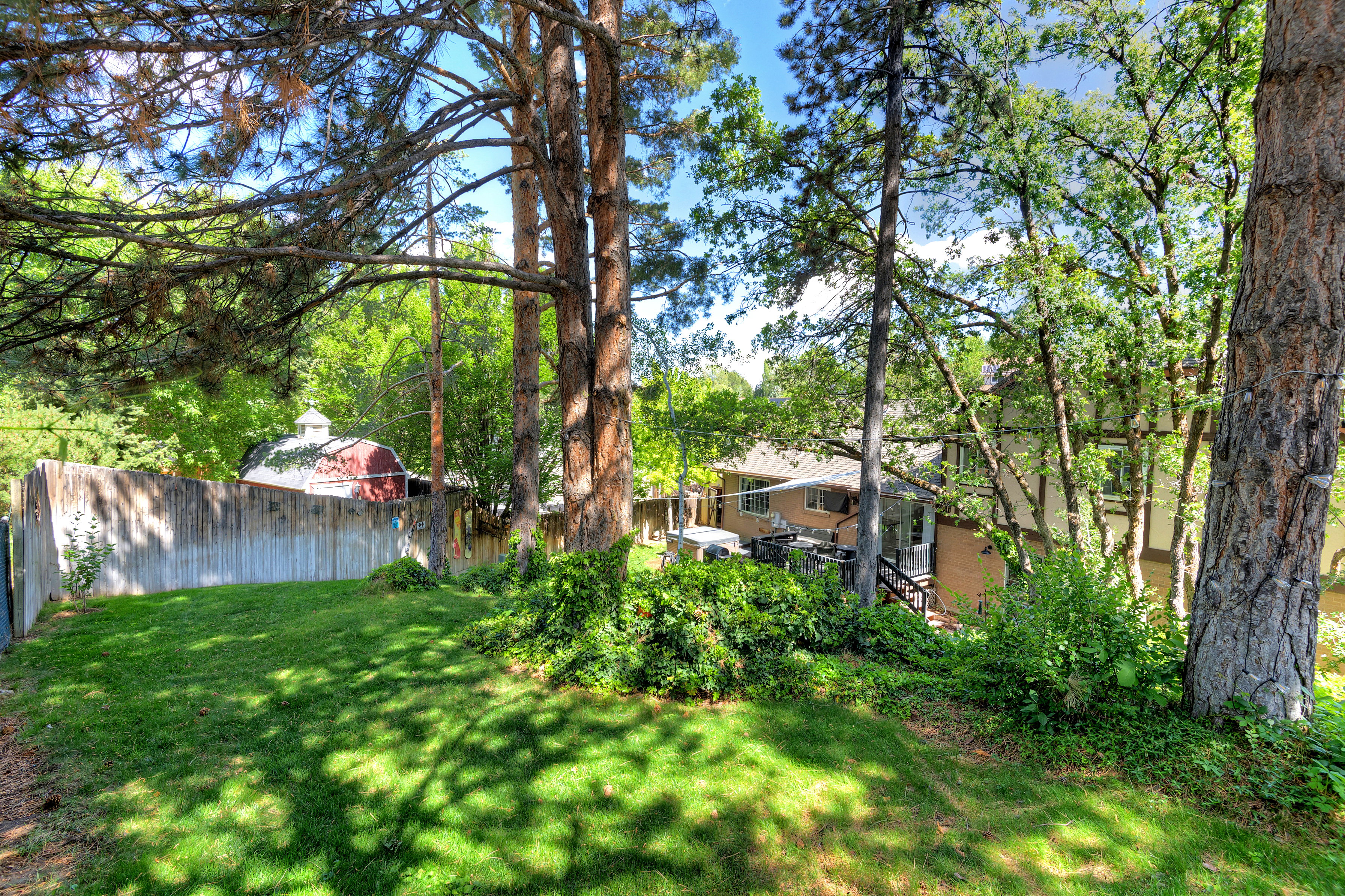 Expansive backyard featuring a lush lawn, mature trees, and a privacy fence