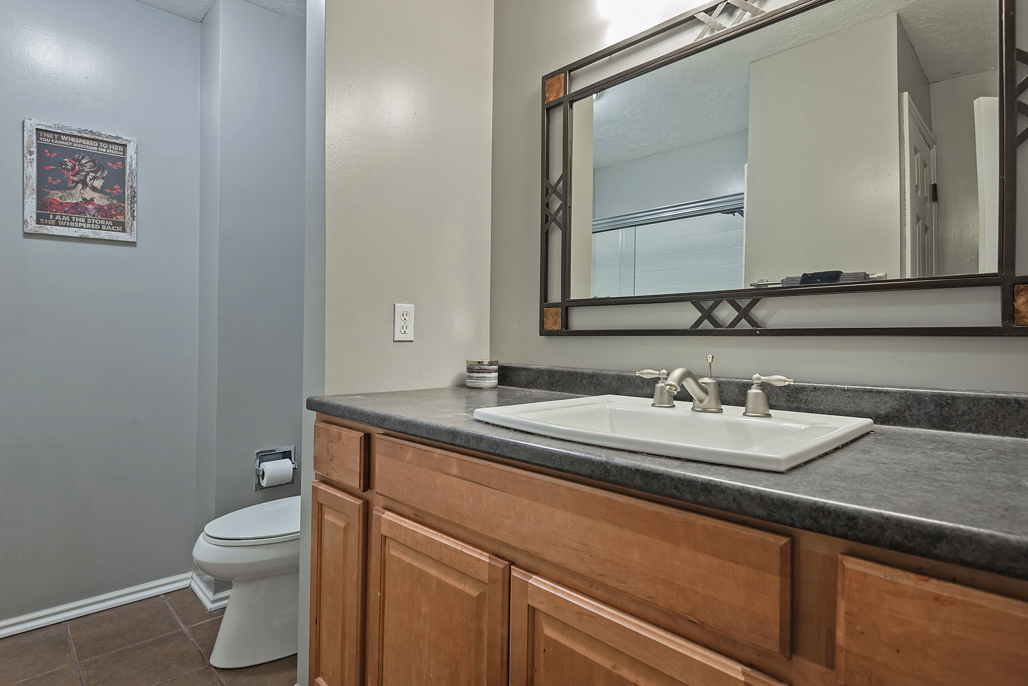 Bathroom vanity featuring a rectangular white sink, brushed nickel faucet, and a large decorative mirror