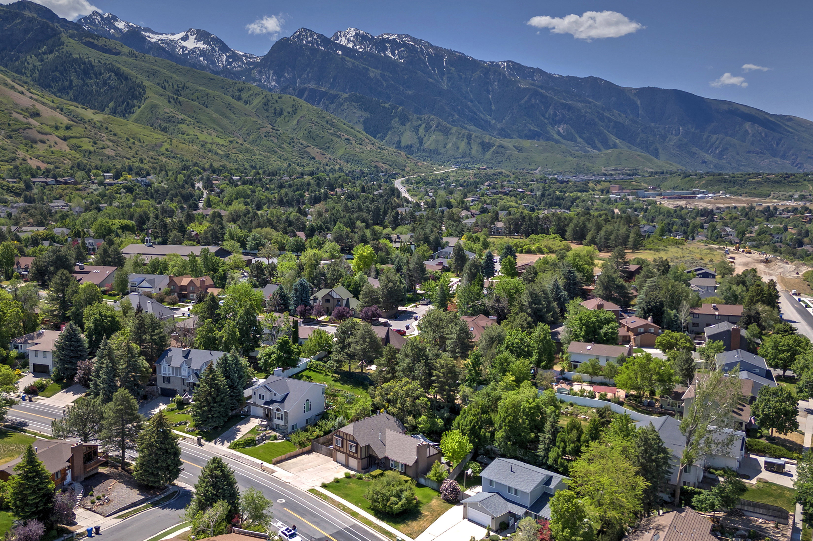 Aerial perspective showcasing a residential area with mature trees, established properties, and distant snow-capped mountains