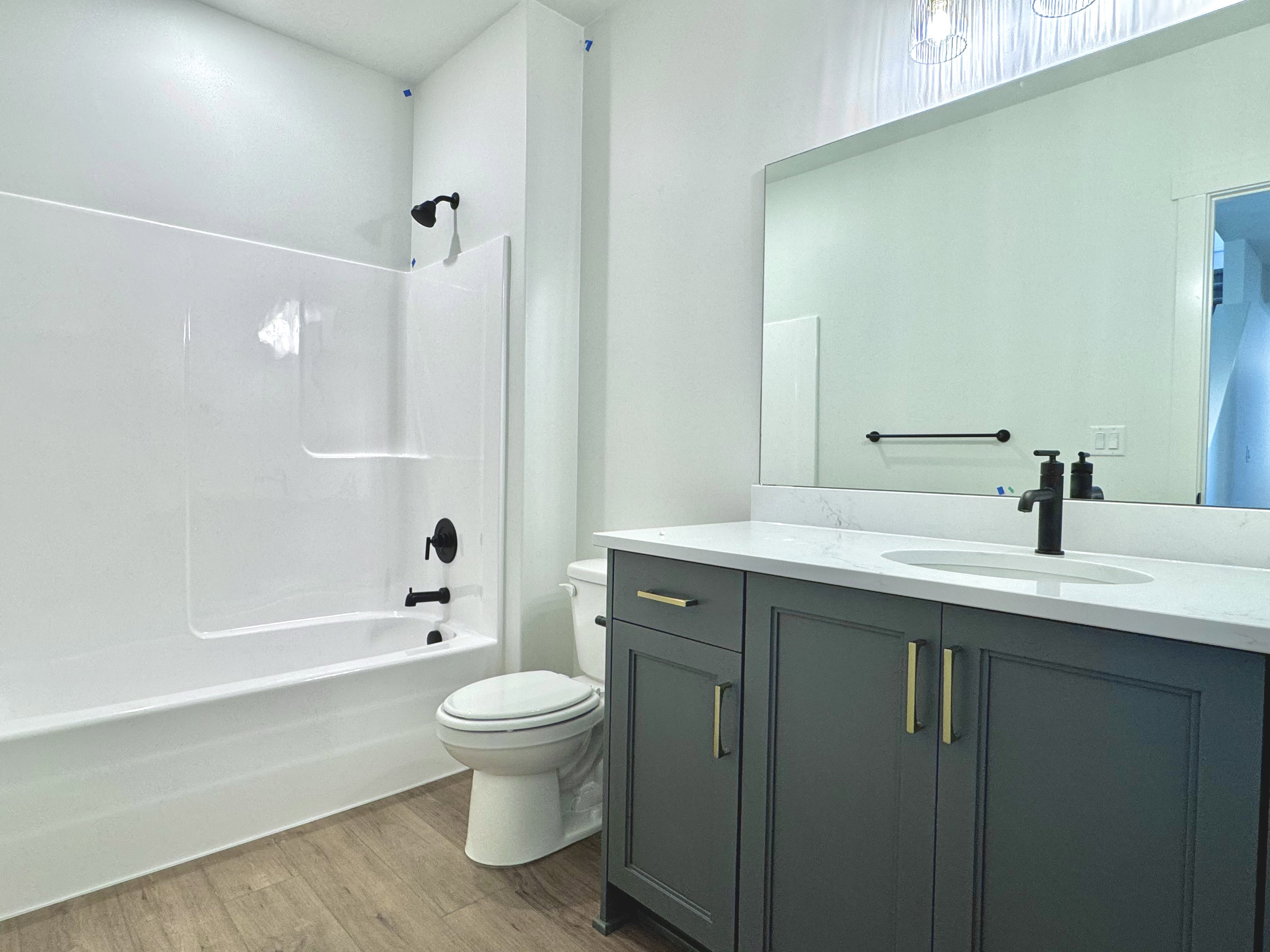 Bathroom featuring a white tub and shower combination with matte black fixtures