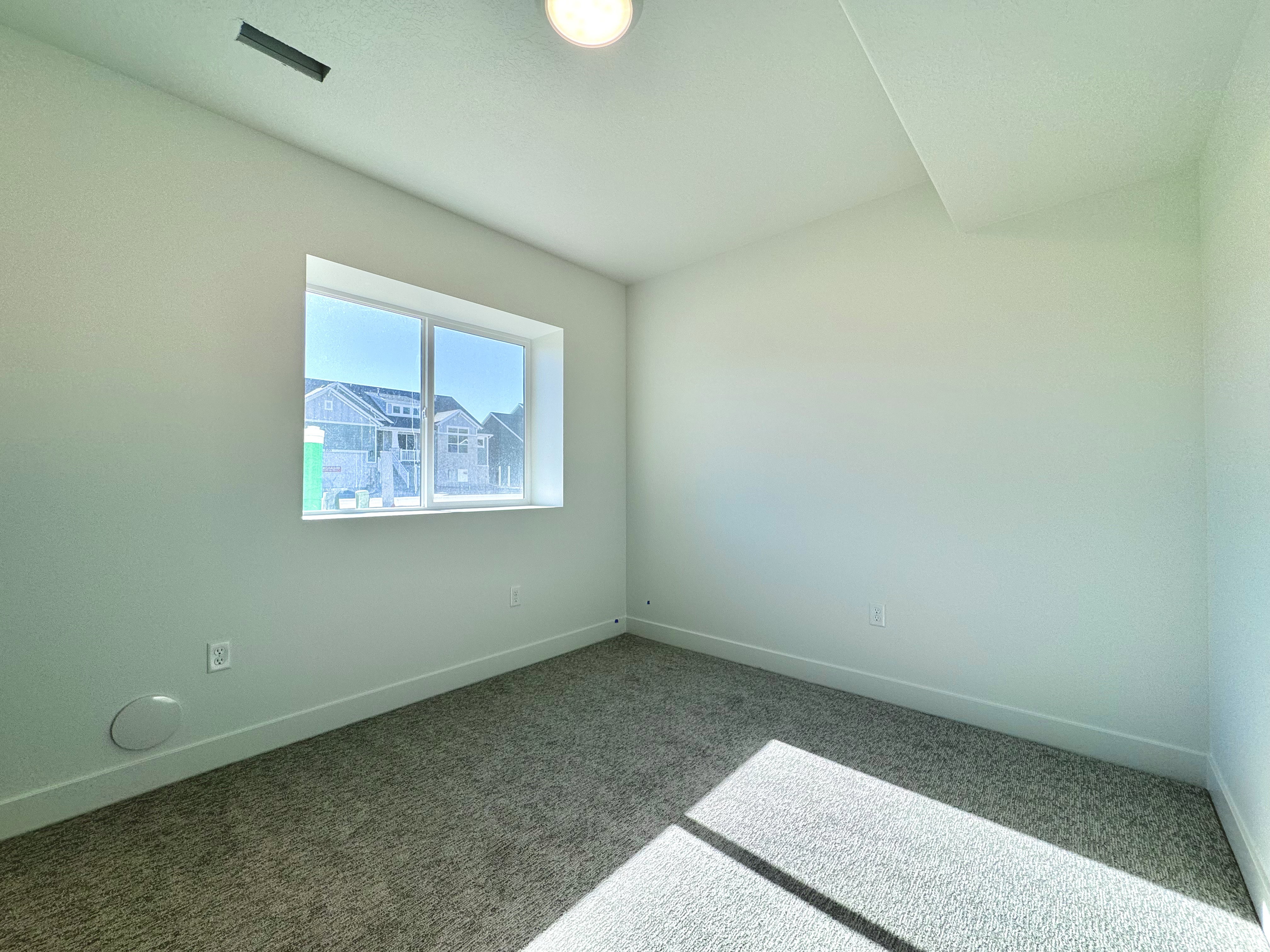 Room featuring light neutral wall paint, a single window with white trim, and light gray carpet