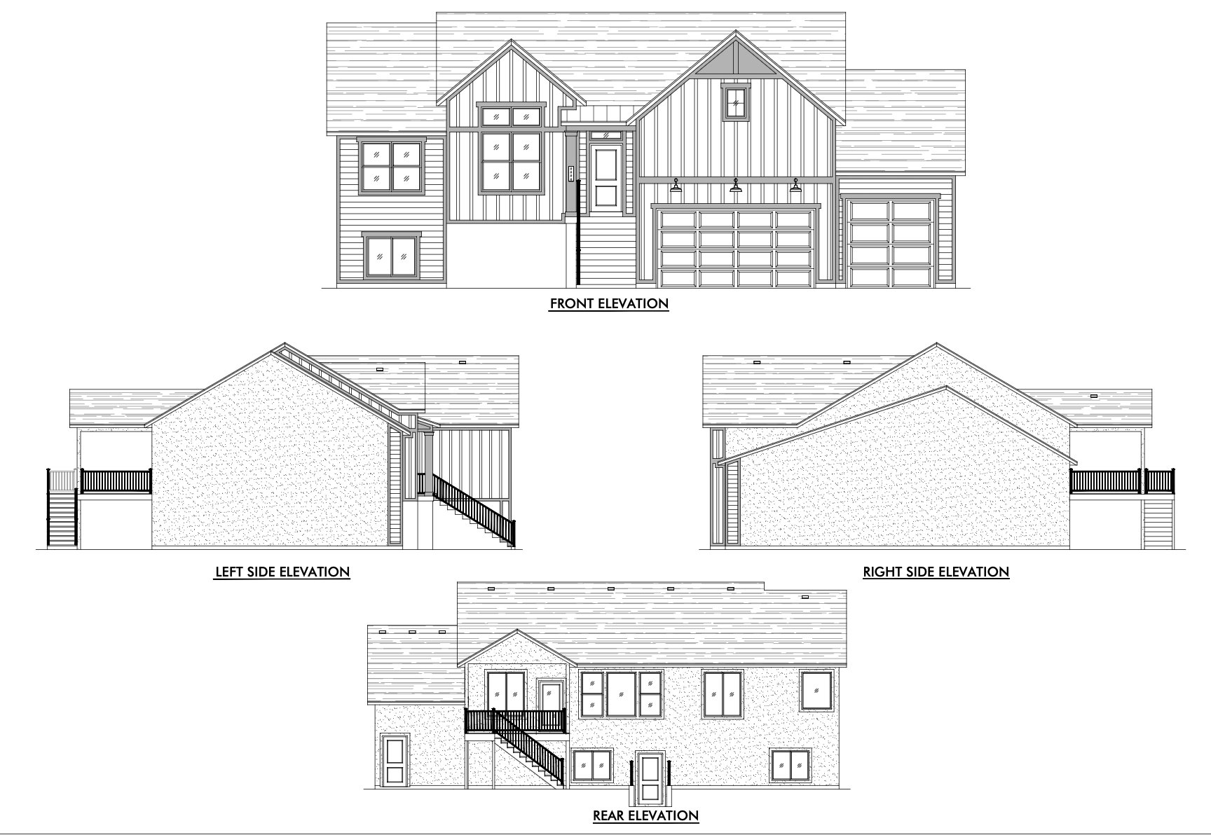 Architectural Plans. Displaying the property's front, rear, left, and right side elevations