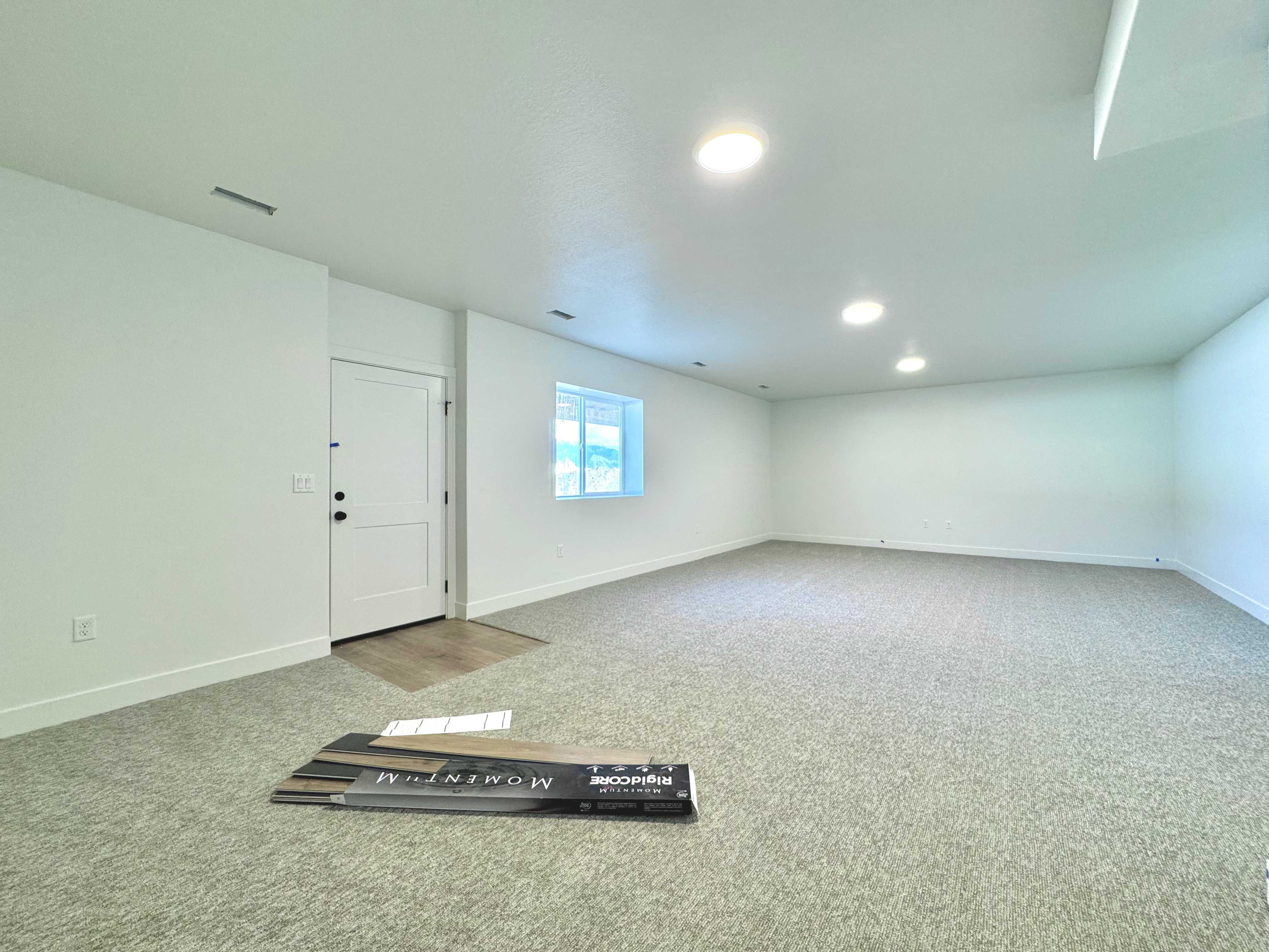 Spacious room featuring light-colored carpet flooring, recessed ceiling lighting, a white painted door with black hardware, and a window providing natural light