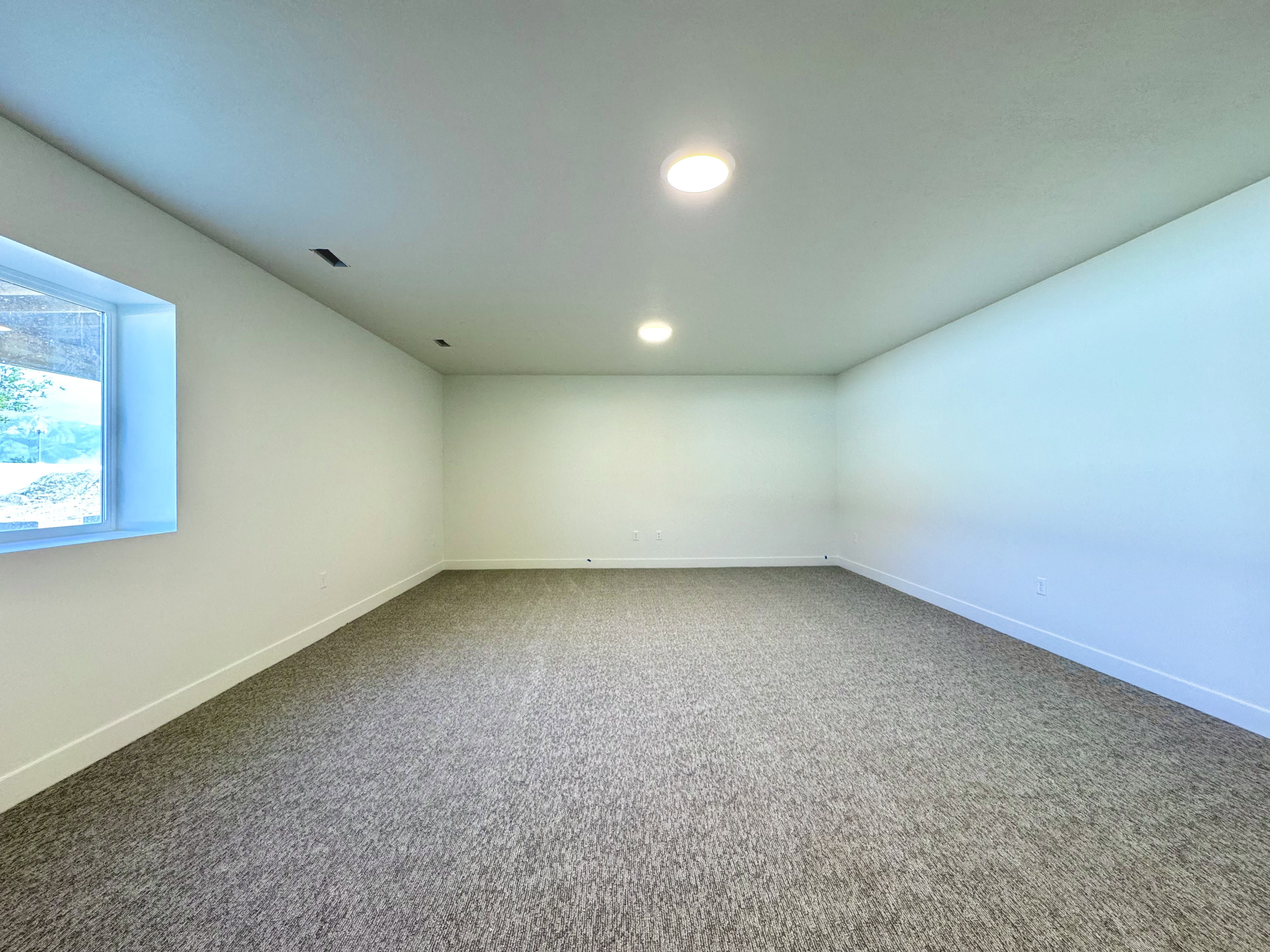 Spacious room featuring neutral carpeting, a large window, recessed lighting, and white baseboards