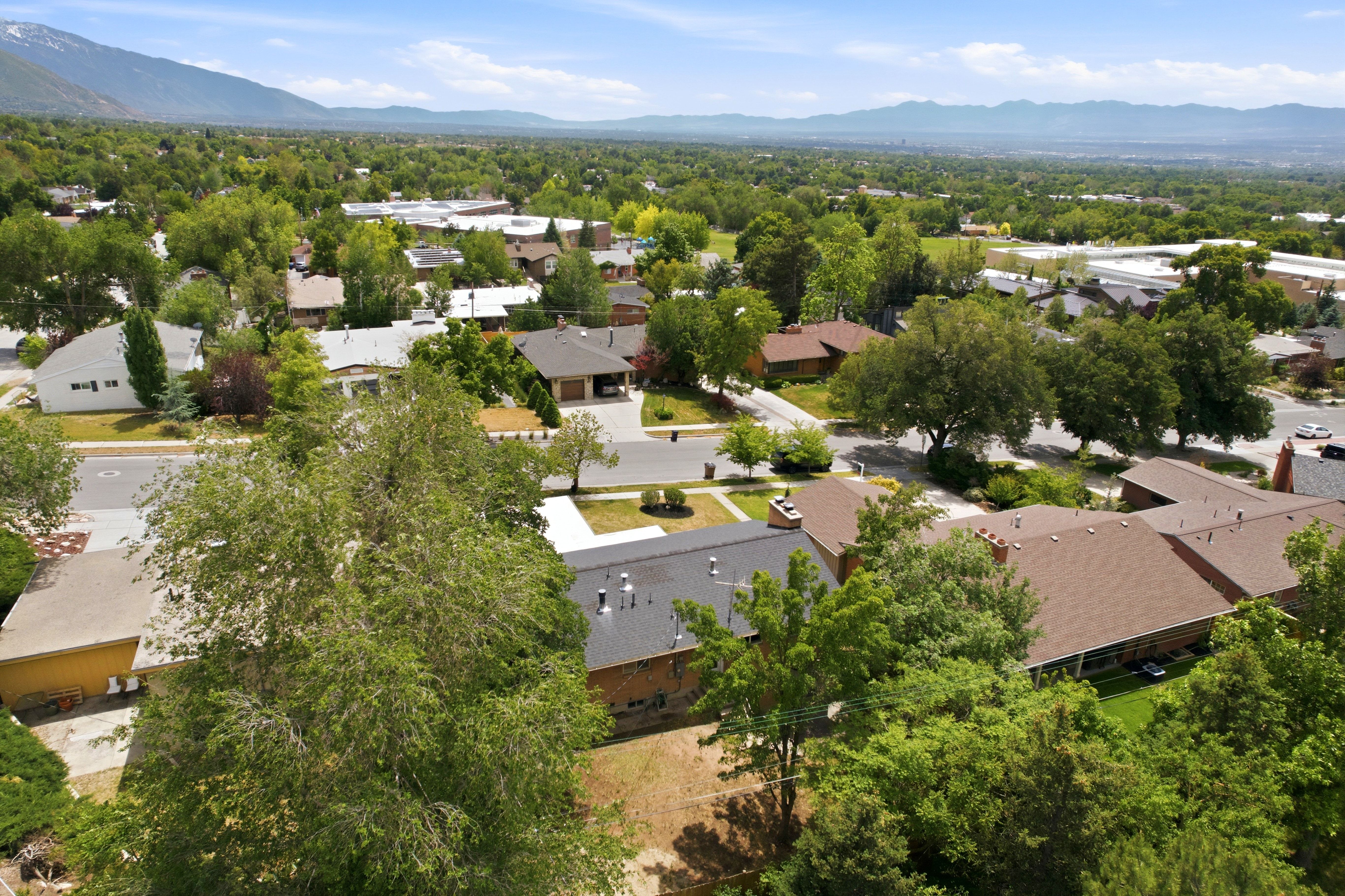 Aerial perspective showcasing a residential neighborhood with mature trees and mountain backdrop