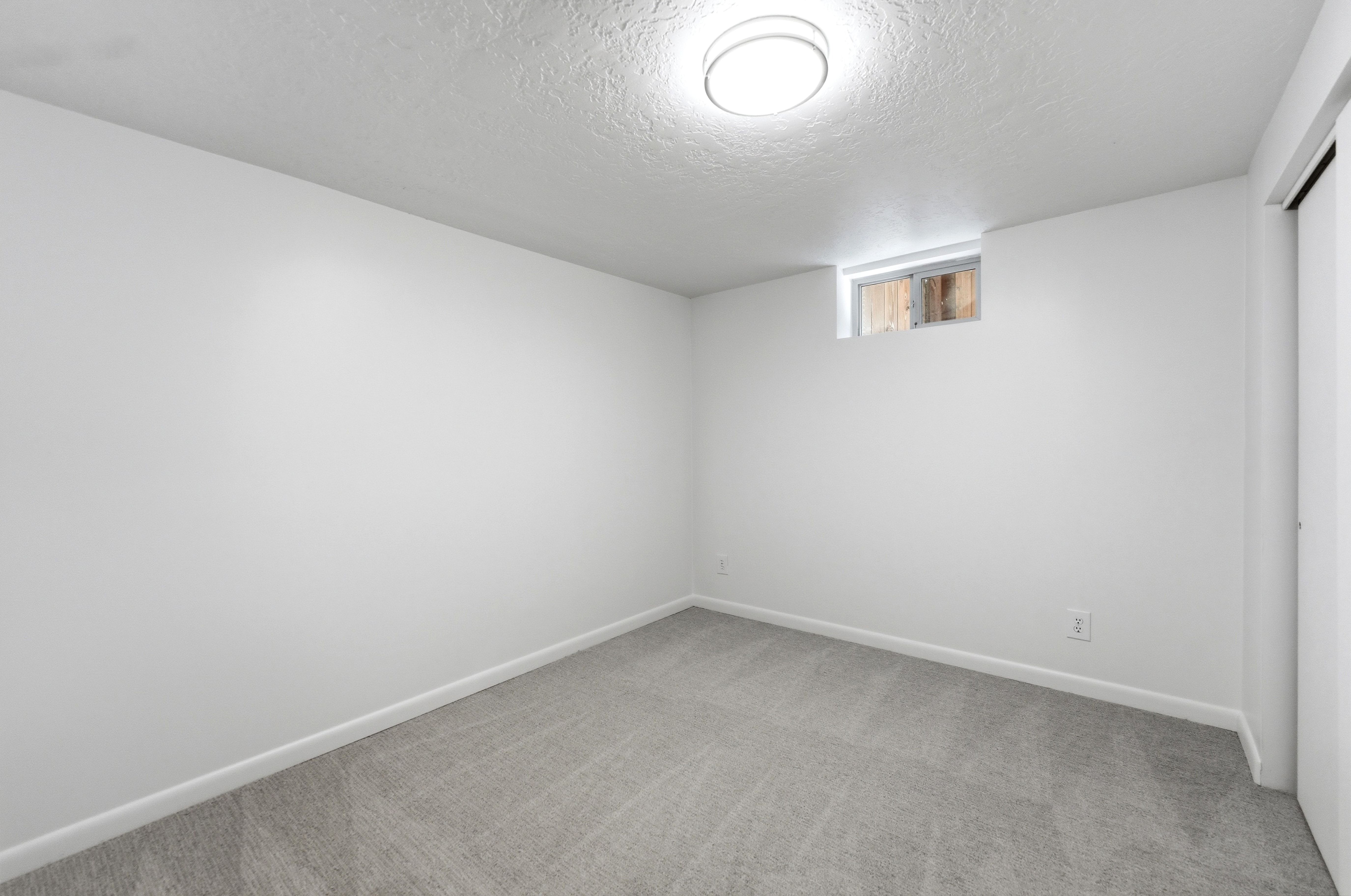 Interior room featuring light gray carpet, white walls, a single window, and a flush-mount ceiling light fixture