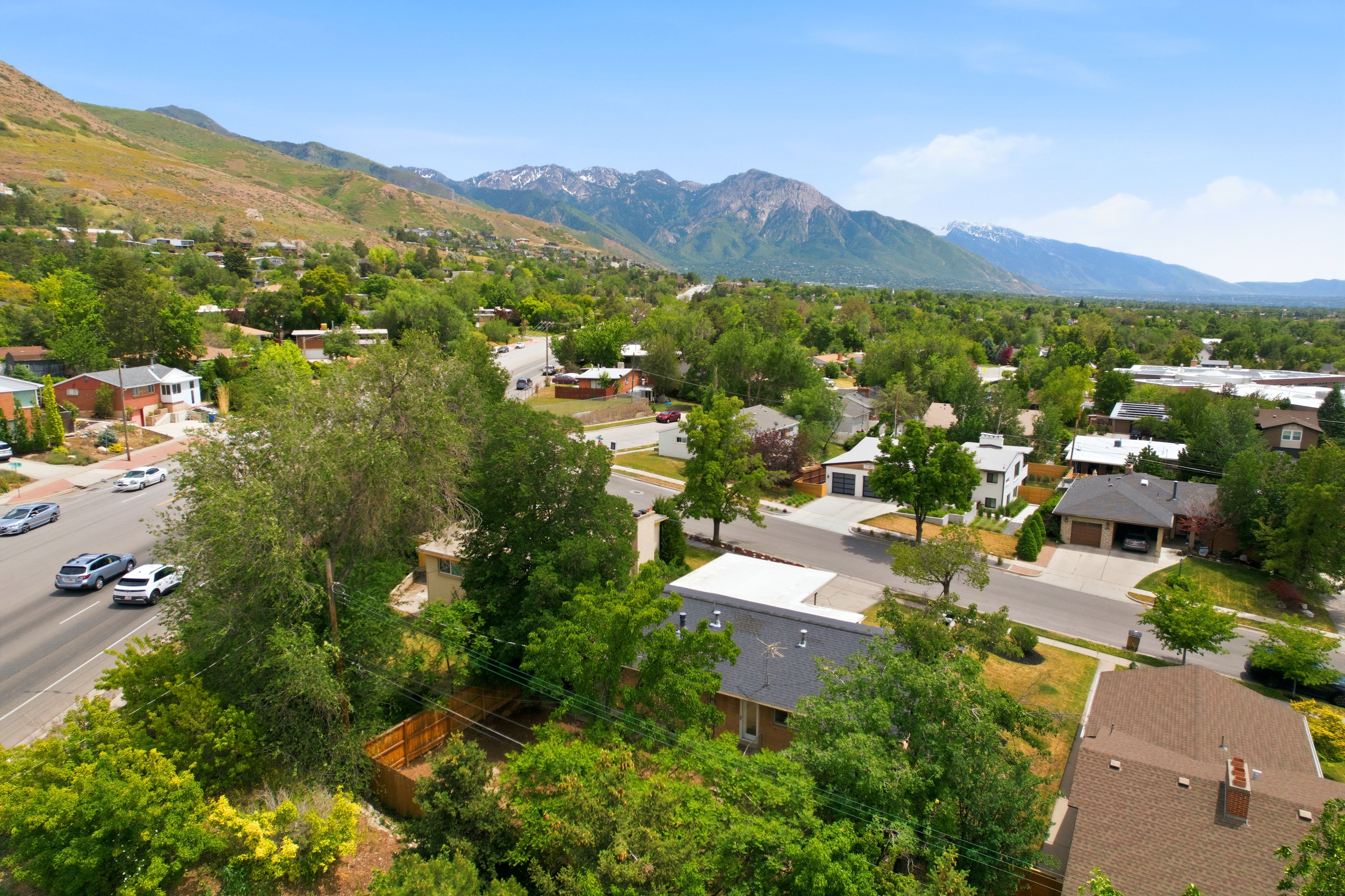Elevated residential setting with mature trees and mountain backdrops