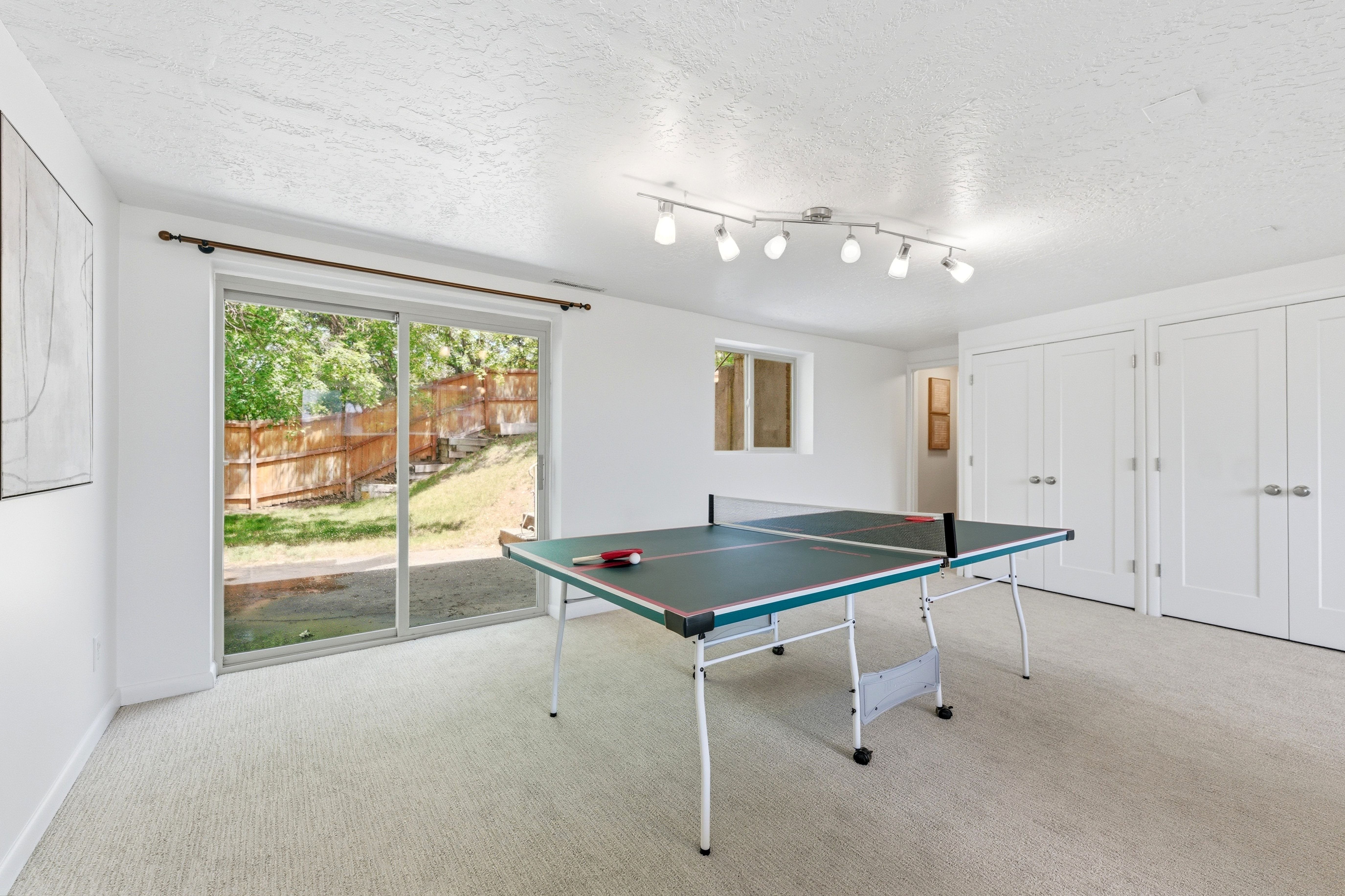 Carpeted recreation room featuring white walls, a sliding glass door to the exterior, a single casement window, track lighting, and two sets of double-door closets