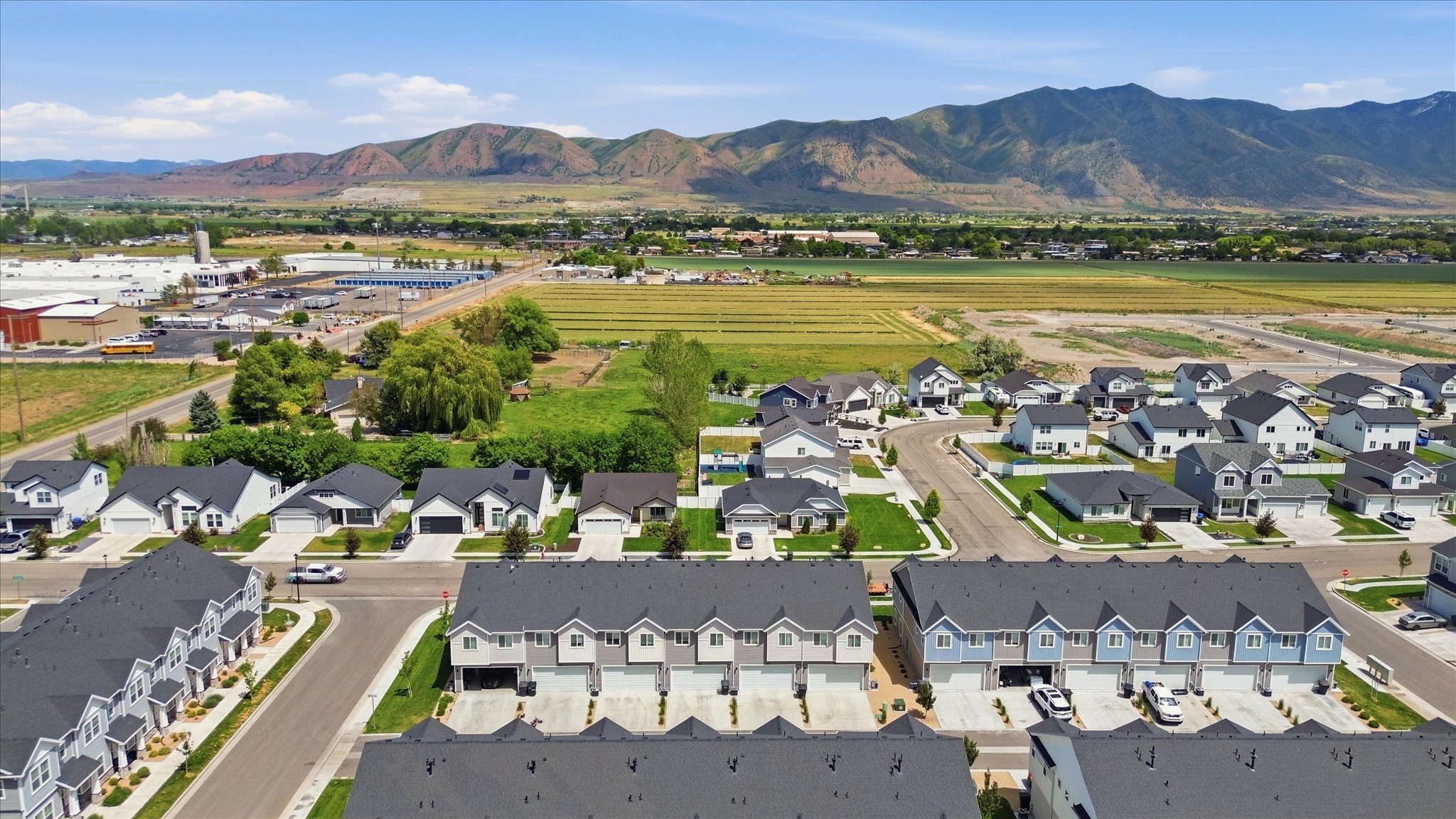 Aerial perspective showcasing a residential community with varied architectural styles