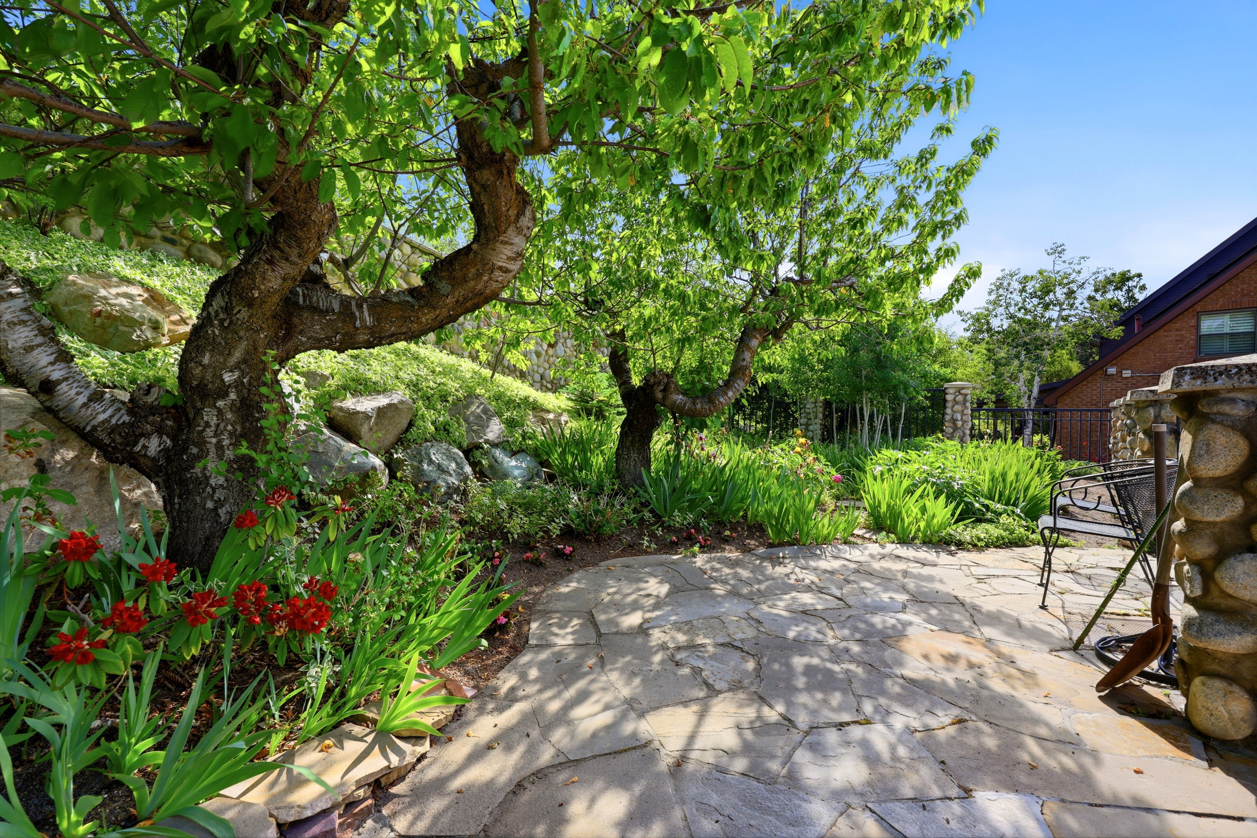 Flagstone patio area featuring mature trees and established garden beds