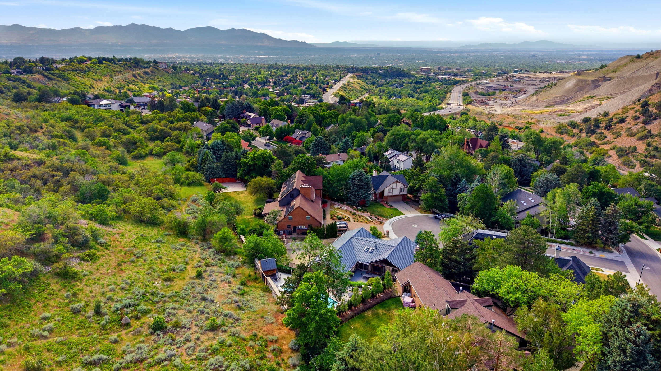 Aerial perspective showcasing a residential area with varied architectural styles