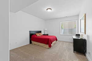 Carpeted room featuring a single window with blinds, white baseboards, and a ceiling-mounted light fixture