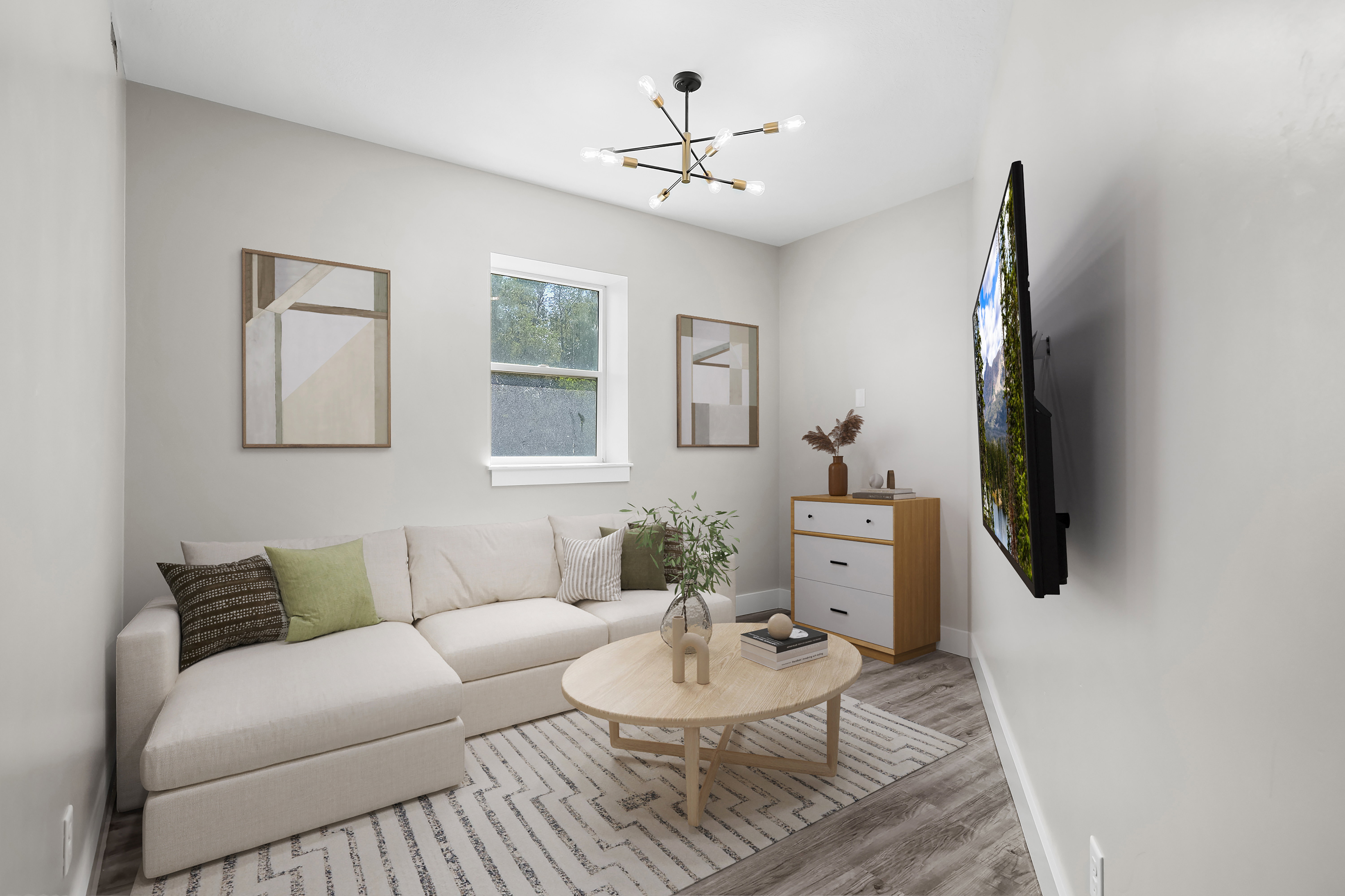 VIRTUALLY STAGED / ADU Living space featuring wood-finish flooring, a modern chandelier, and a window with white trim