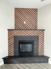 Modern fireplace featuring a black firebox, dark stone surround, and wood-finish accent paneling