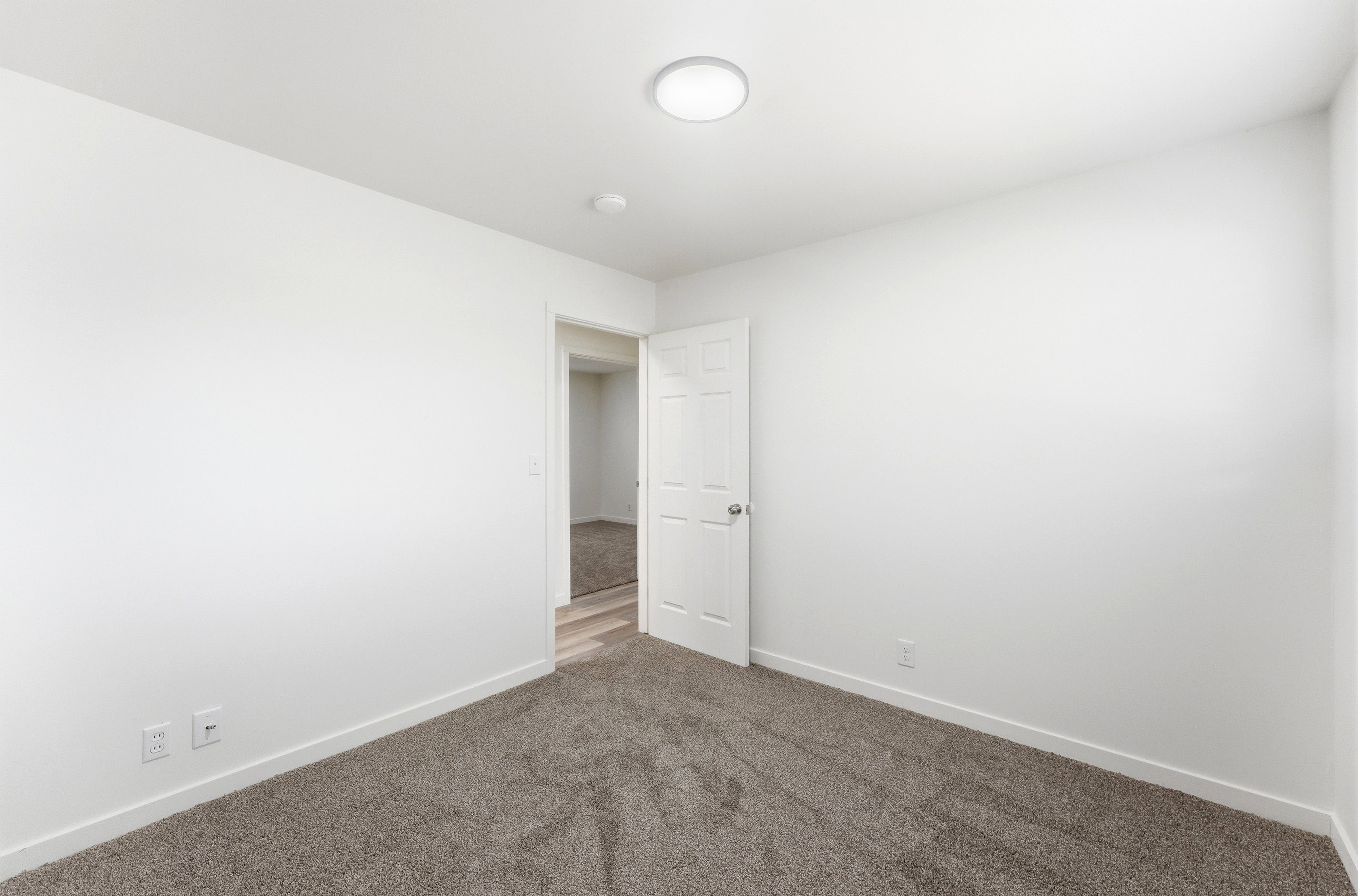 Carpeted interior space featuring white walls, a white ceiling, and a flush-mount ceiling light fixture