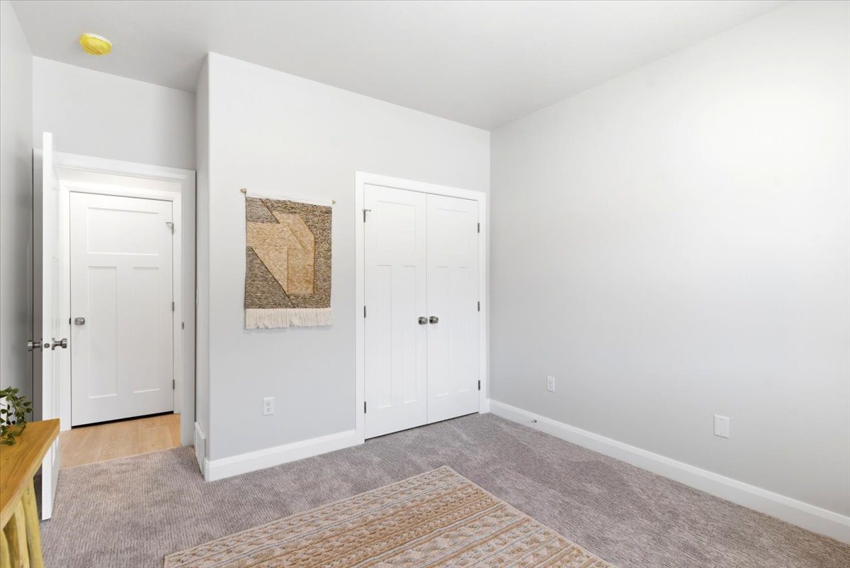 Neutral-toned room featuring light gray walls, plush gray carpeting, and white trim