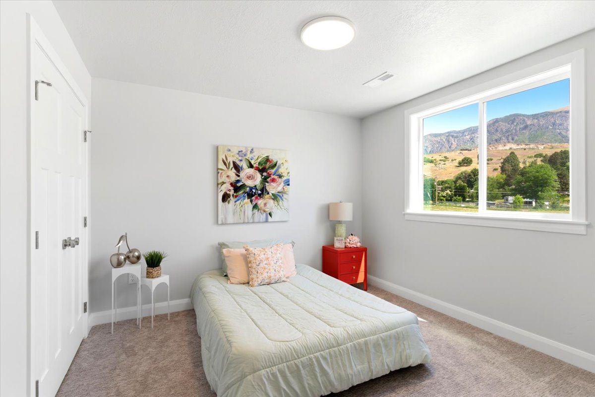 Carpeted room featuring a large window with mountain scenery, light gray walls, white trim, and a flush mount ceiling light