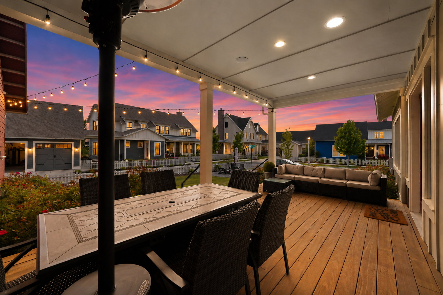 Expansive covered porch featuring wood-finish flooring, recessed lighting, and string lights