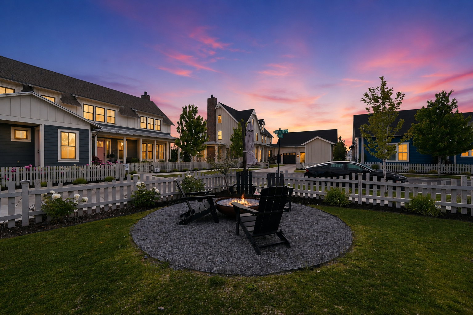 Landscaped yard featuring a circular gravel patio and a fire pit