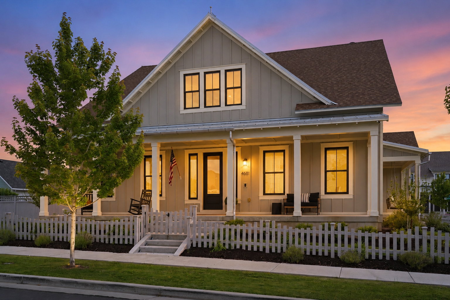 Contemporary farmhouse-style residence with vertical siding and contrasting trim