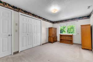 Neutral-toned carpeting spans the room, complemented by white walls and a patterned border