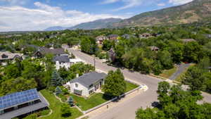 Aerial perspective showcasing a residential area with varied home styles and mature tree coverage