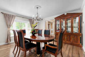 Formal dining area featuring rich wood-finish flooring
