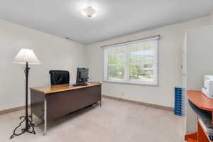 Carpeted room with a ceiling-mounted light fixture, a window with horizontal blinds, and neutral wall paint