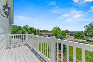 Outdoor balcony with wood-finish decking and white railing