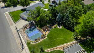 Expansive outdoor recreation area featuring a multi-sport court, established landscaping, mature trees, and a spacious lawn