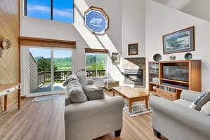 Vaulted ceiling living space featuring a stone fireplace, wood-finish flooring, and a sliding glass door opening to a private balcony
