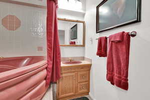 Bathroom featuring a built-in pink corner tub