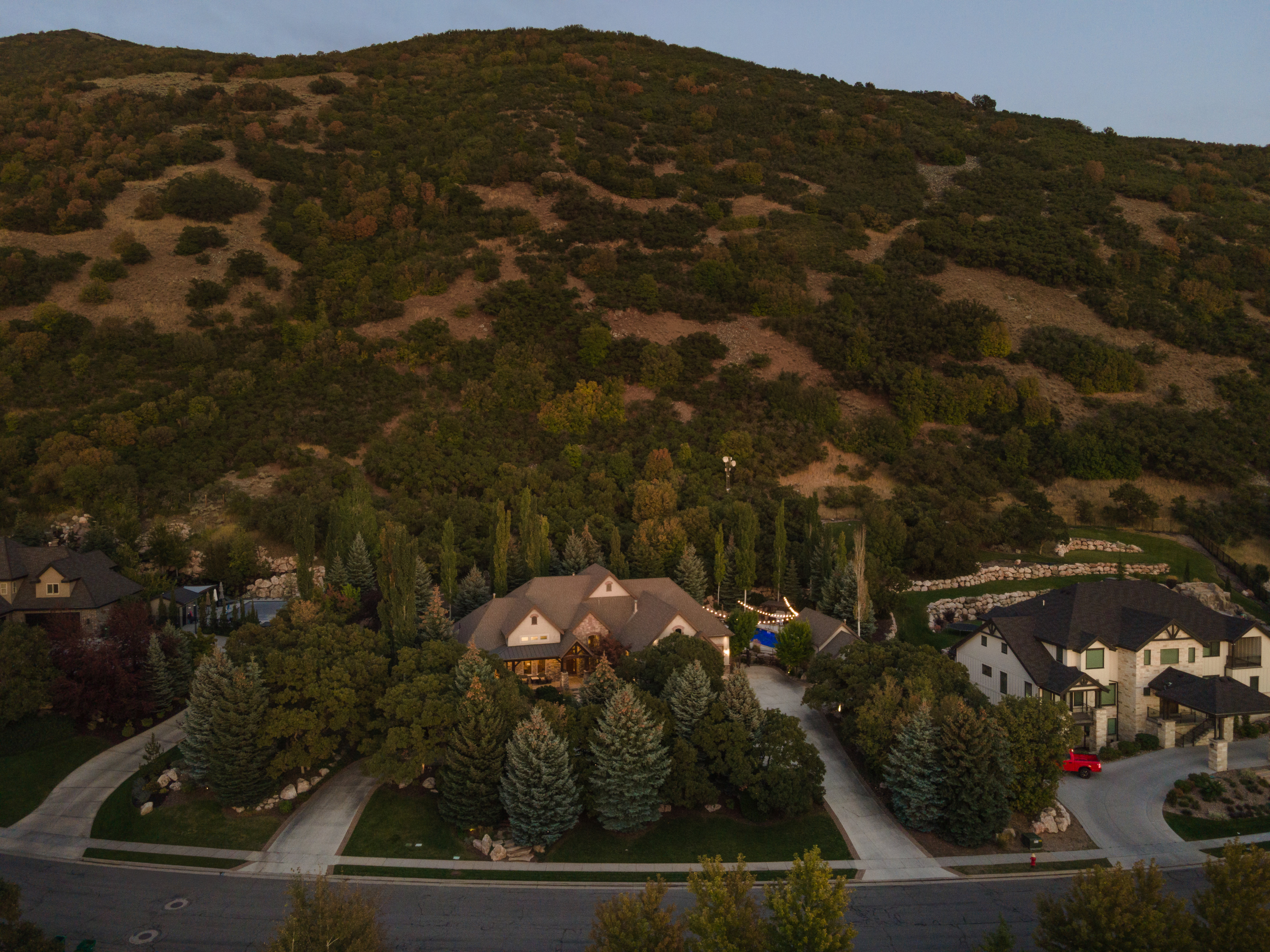Hillside property with mature trees, a paved driveway, and a stone facade