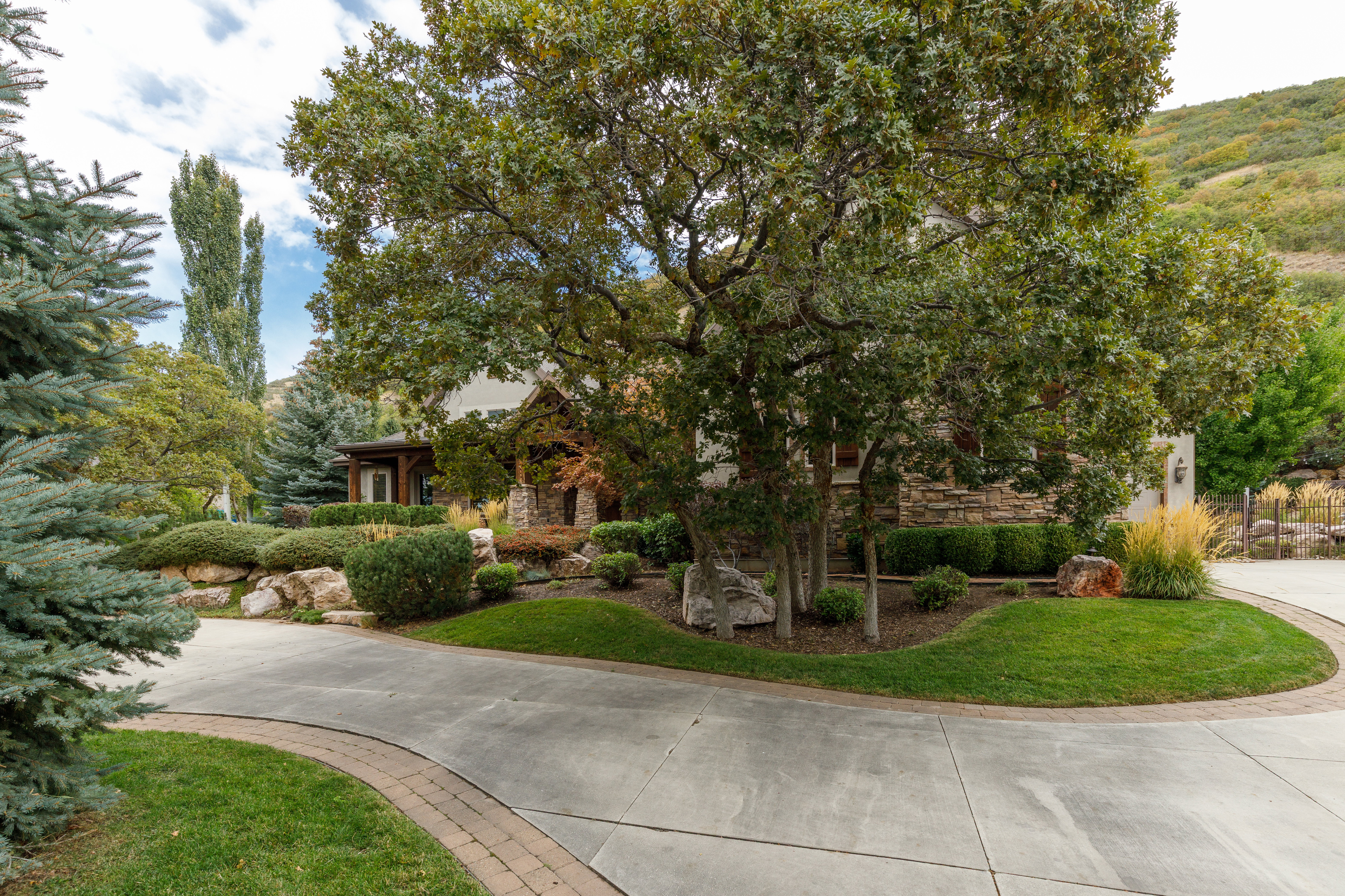 Curved driveway with paver accents and surrounding lawn
