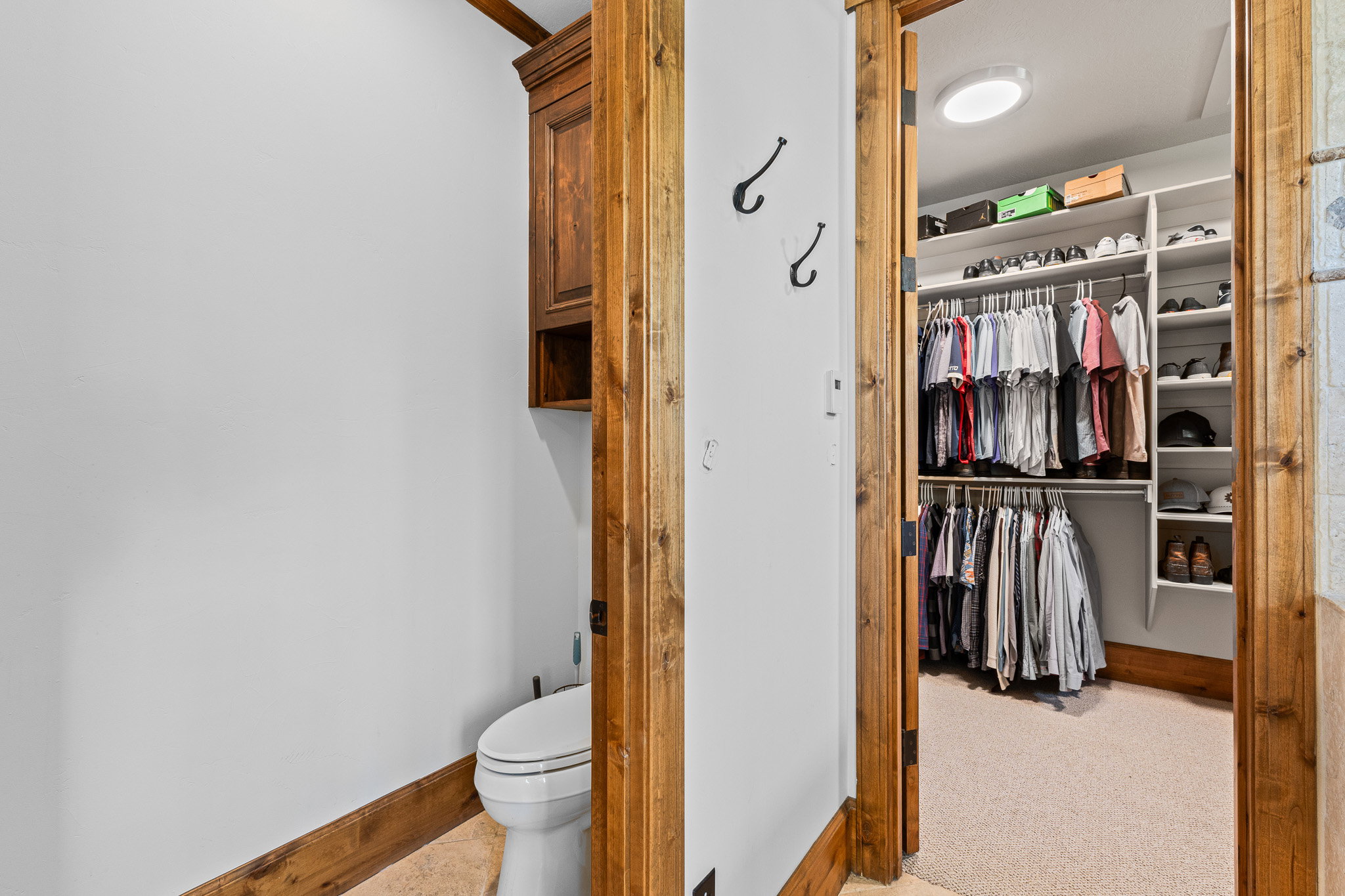 Walk-in closet featuring extensive built-in shelving, multiple hanging rods, recessed lighting, and carpet flooring