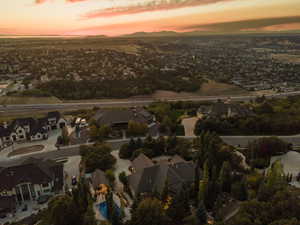 Aerial perspective showcasing a residential area with varied architectural styles and mature landscaping
