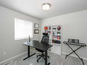 Neutral wall paint and textured carpet flooring