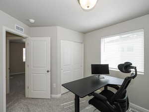 Carpeted room with a double-pane window featuring white blinds, flush mount lighting, and a bi-fold closet door