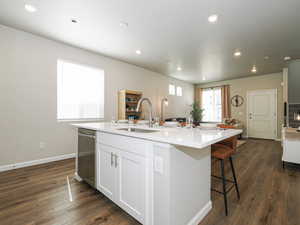 Kitchen island with white shaker cabinetry, an undermount sink, and a stainless steel dishwasher