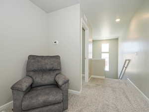 Upper-level hallway with light gray carpet, neutral painted walls, and white trim