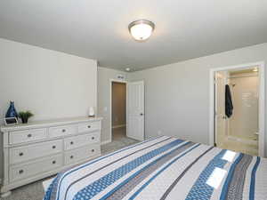 Bedroom with light gray walls, gray carpet, and a flush mount ceiling light