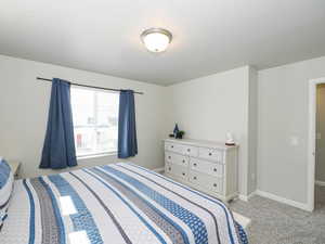 Carpeted bedroom featuring a flush-mount ceiling light fixture, white walls, and a window with blinds and curtain rods