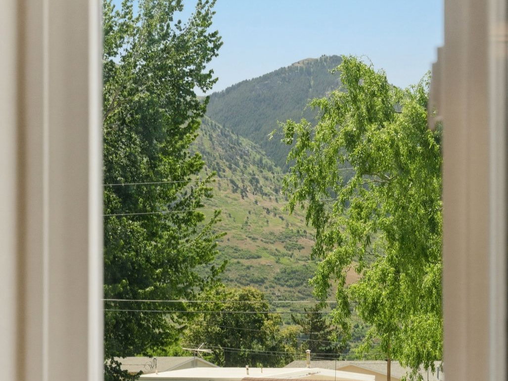 Window framing lush greenery and distant mountains