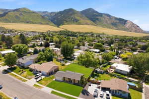Aerial perspective showcasing a residential neighborhood with mountain backdrop
