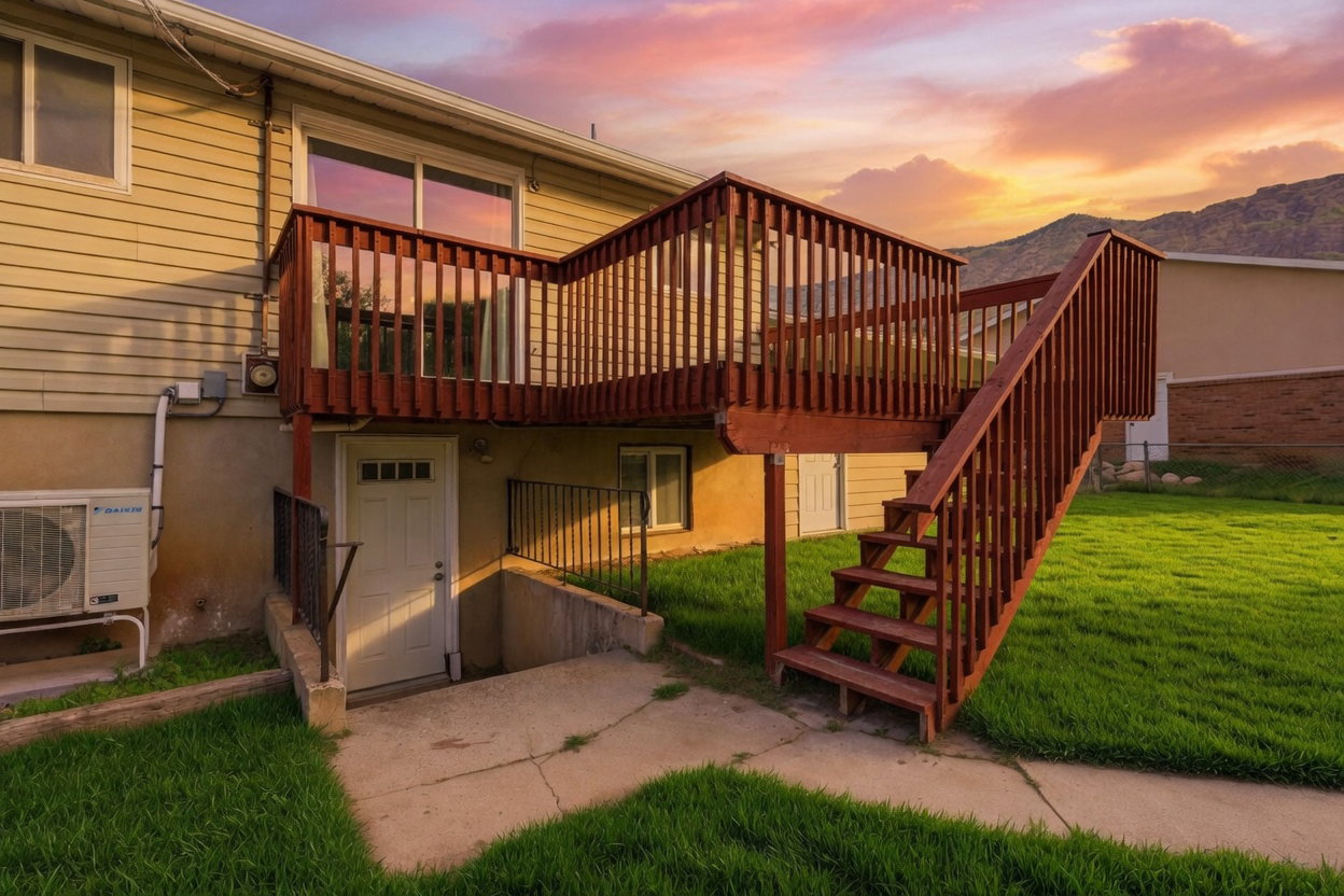 Exterior features a spacious wood deck with staircase access to the lawn