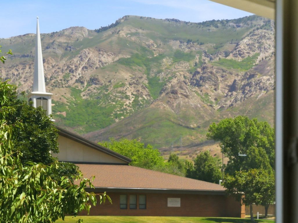 Mountain backdrop featuring rugged terrain and varied green foliage