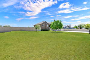 Expansive backyard featuring a manicured lawn, full perimeter fencing, mature trees, and a basketball court