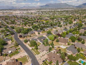Aerial perspective showcasing a residential neighborhood with varied architectural styles