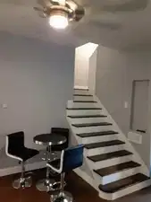 Staircase featuring dark wood-finish treads and white risers
